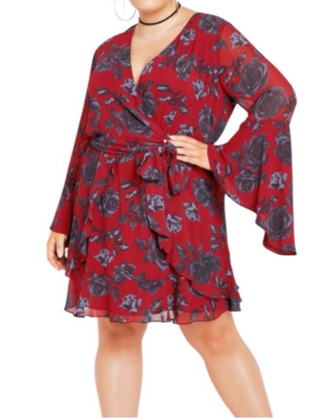 Like New City Chic Plus Size 16 Red Mini Dress with Grey and Black Rose Print - Picture 8 of 12